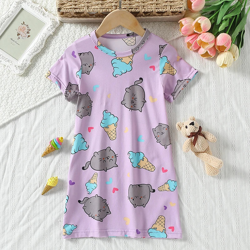 Summer girl sweet and cute dress, fashionable and versatile round neck print knee length skirt, comfortable and soft home skirt