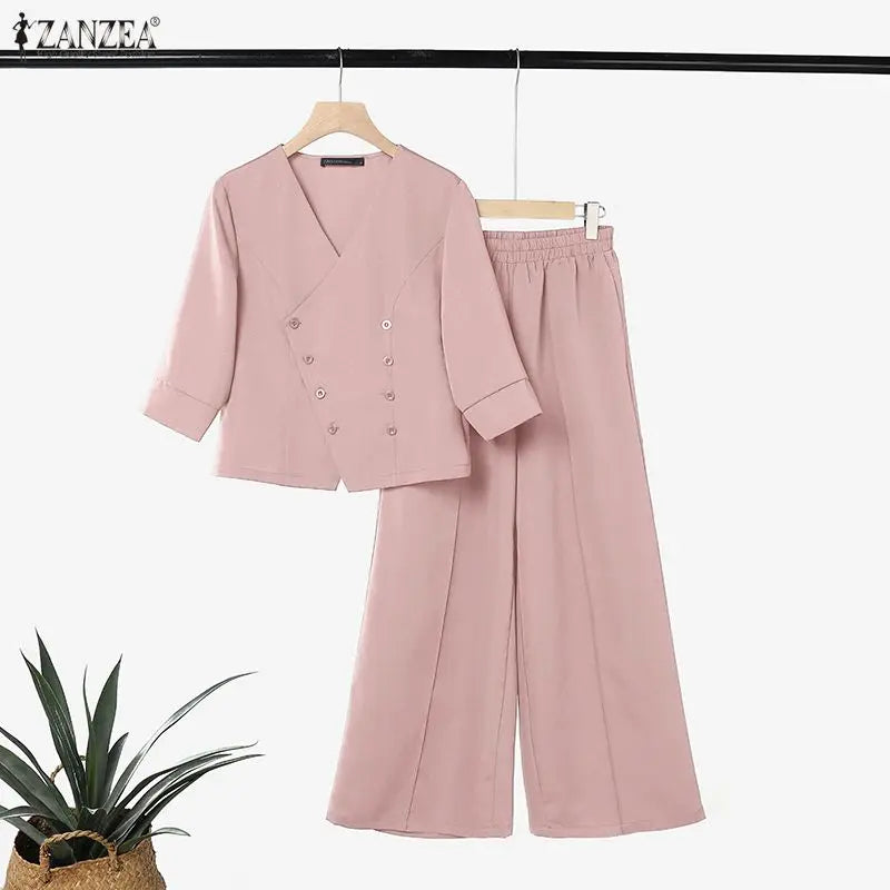 ZANZEA Fashion Women V Neck 3/4 Sleeve Blouse Wide Leg Trousers Two Pieces Pant Sets Casual OL Work Suit Solid Matching Sets