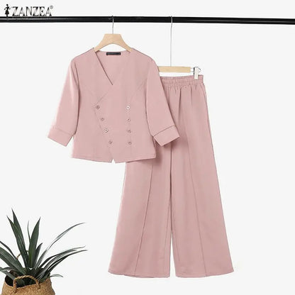 ZANZEA Fashion Women V Neck 3/4 Sleeve Blouse Wide Leg Trousers Two Pieces Pant Sets Casual OL Work Suit Solid Matching Sets