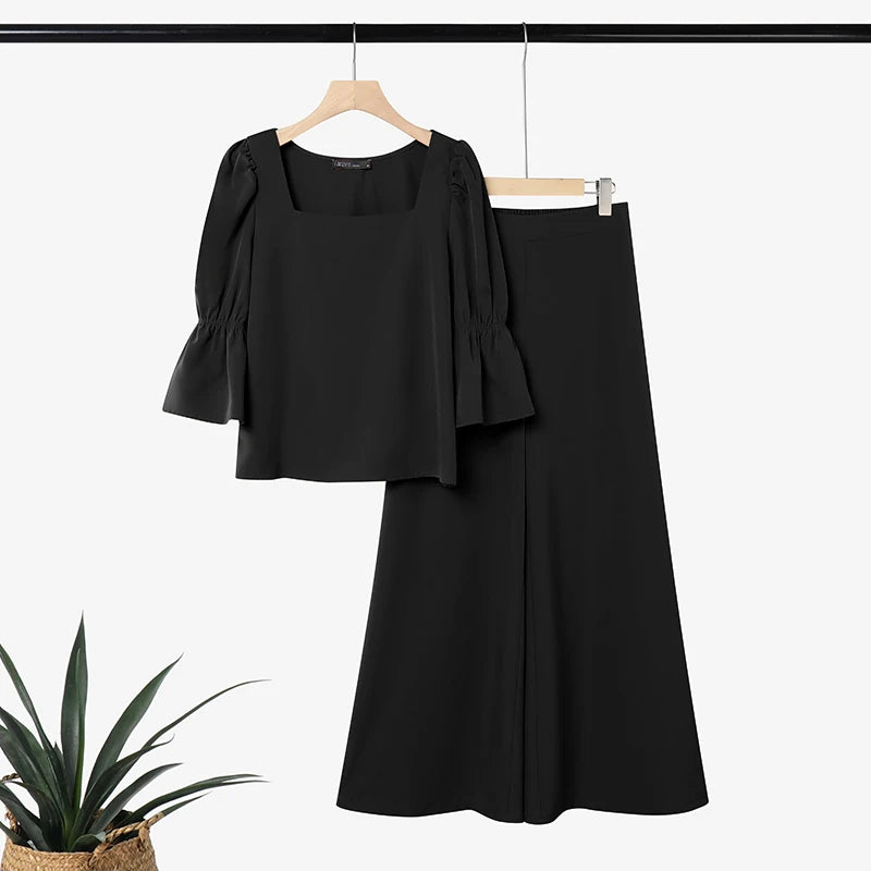 ZANZEA Fashion 2PCS Women Square Neck 3/4 Flare Sleeve Blouse Wide Leg Pant Sets Elegant Solid OL Work Outfit 2 Pieces Sets 2026