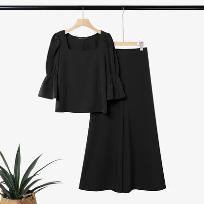 ZANZEA Fashion 2PCS Women Square Neck 3/4 Flare Sleeve Blouse Wide Leg Pant Sets Elegant Solid OL Work Outfit 2 Pieces Sets 2026