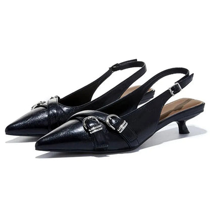 High Quality Leather Kitten-Heel Sandals Women Sexy Pointed-Toe Mules Heels for Ladies Summer Slingback Elegant Women Shoes