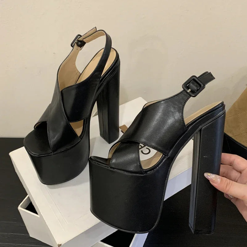 Fashion Cross Strap Chunky Platform Sandals Women Sexy Open Toe 18cm High Heels for Ladies Slingback Buckle Strap Gladiator Shoe