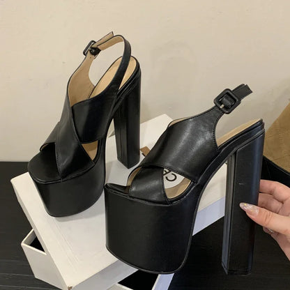 Fashion Cross Strap Chunky Platform Sandals Women Sexy Open Toe 18cm High Heels for Ladies Slingback Buckle Strap Gladiator Shoe