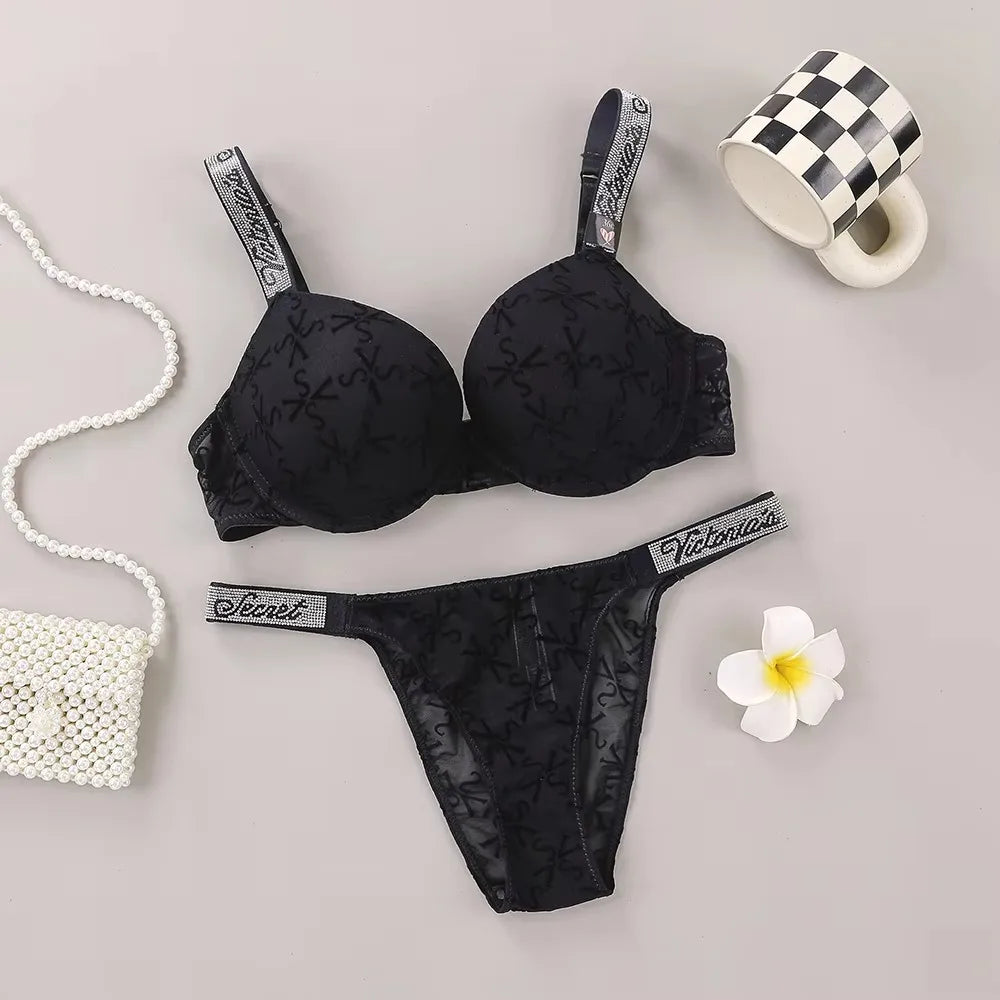 Victoria Secret Sexy Women Underwear Very Sexy Logo Shine Strap Embossed Lace Push Up Bra Shine Script Thong Panty