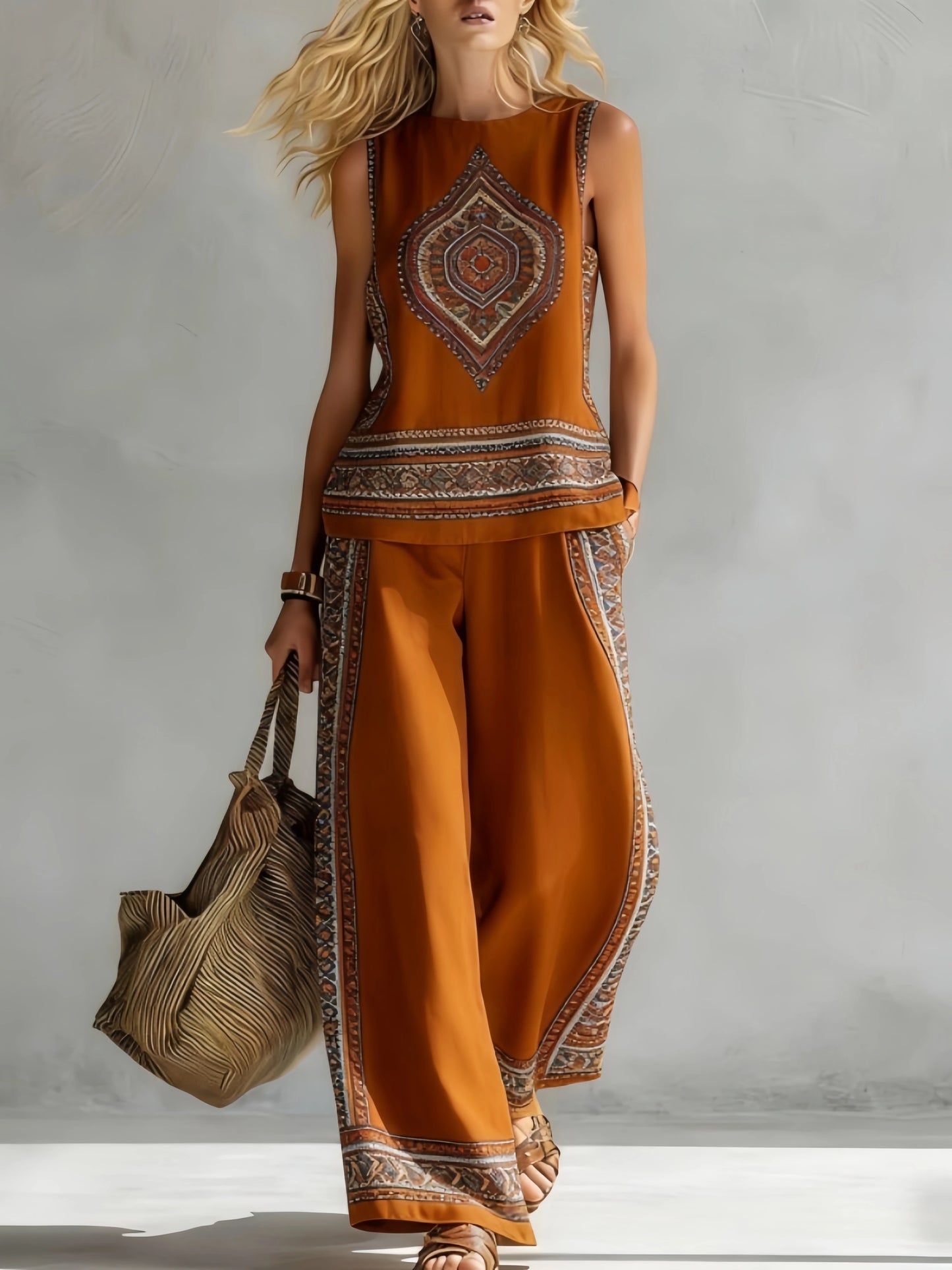 Fashion Retro Printed Sleeveless Tops Trousers 2-piece Set Women's Summer Casual Vest Loose Wide Leg Trousers Female Suit Pocket