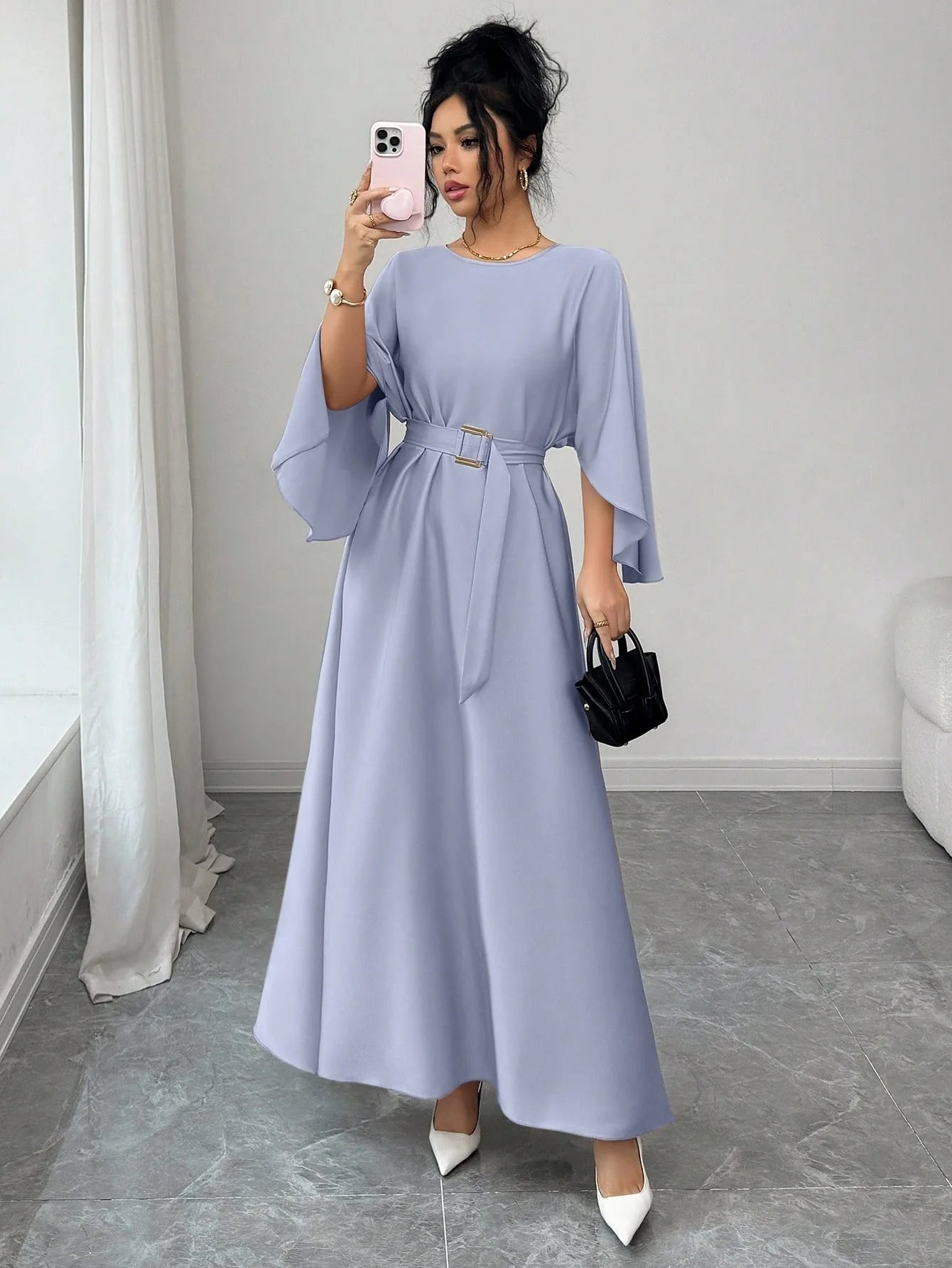 Gentle Style Round Neck Batwing Sleeve Waist-Tied Maxi Dress with Belt Elegant Commuter Long Dress