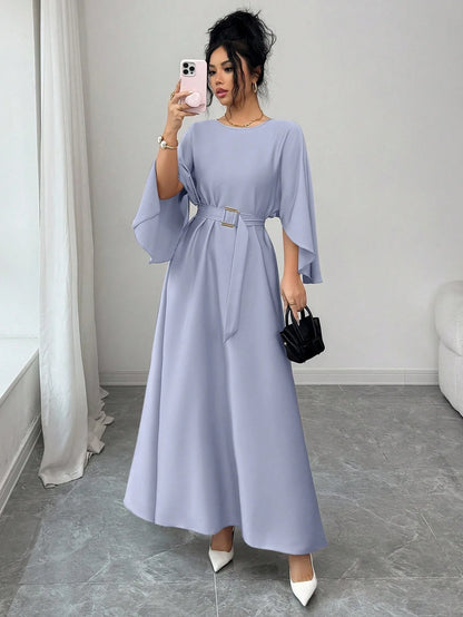 Gentle Style Round Neck Batwing Sleeve Waist-Tied Maxi Dress with Belt Elegant Commuter Long Dress