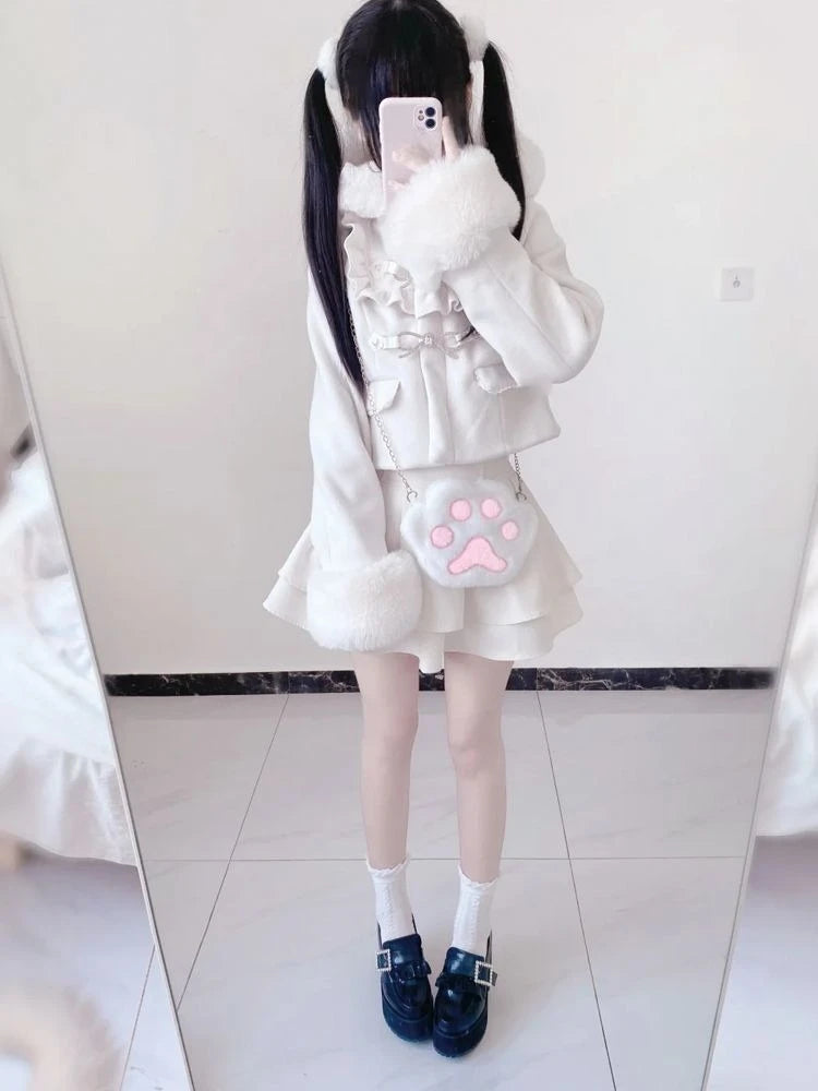 Japanese Fairy Furry Patchwork Hooded Jacket Harajuku Women Sweet Bow Grunge Coat 2025 Winter Y2k Aesthetic Ruffled Loose Coats