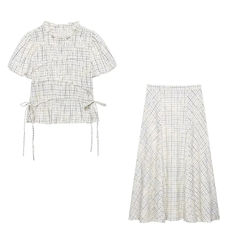 TFAFXY 2026 Summer Bow Plaid Embroidered Blouse Women Sets A-line Midi Long Skirt Suits Y2K