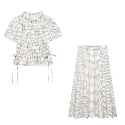 TFAFXY 2026 Summer Bow Plaid Embroidered Blouse Women Sets A-line Midi Long Skirt Suits Y2K