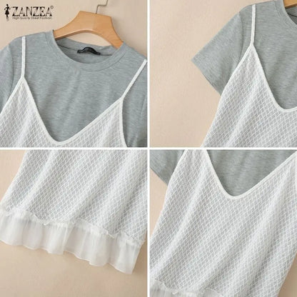 ZANZEA Summer Women Blouses Fashion Fake 2PCS Tops Patchwork Hollow Out Tee OL Work Party Blusas Tunic Streetwear Oversize