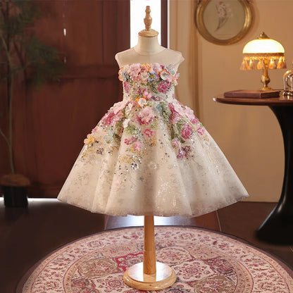 Girls' High-End French Style Forest Series Flower Little Host Walk Show Piano Performance Birthday  Party Princess Dress