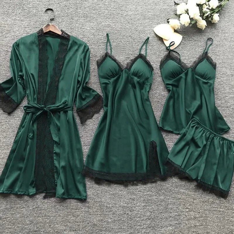4 Pieces/Set Women's Sexy Lace Pajamas Fashion V-Neck Gown Comfort Pajamas Pajamas Pajamas with Chest Pads Nightdress
