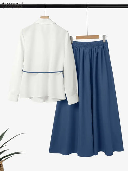2025 ZANZEA Women Autumn 2 Piece Outfits Long Sleeve Patchwork Shirts and Long Skirts Fashion Dress Sets Elegant Office OL 2pcs