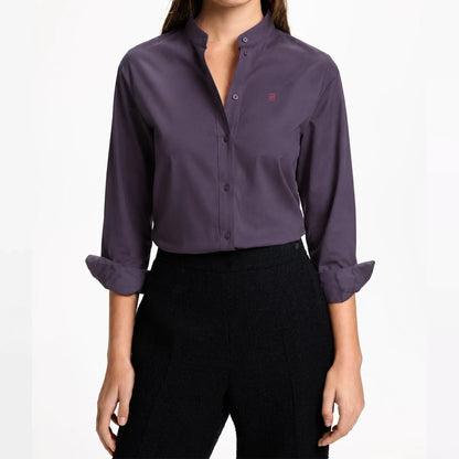 CH Logo Embroidered Solid Color Women Mandarin Collar Long Sleeve Shirt Regular Fit Sleek Minimalist Casual Tops