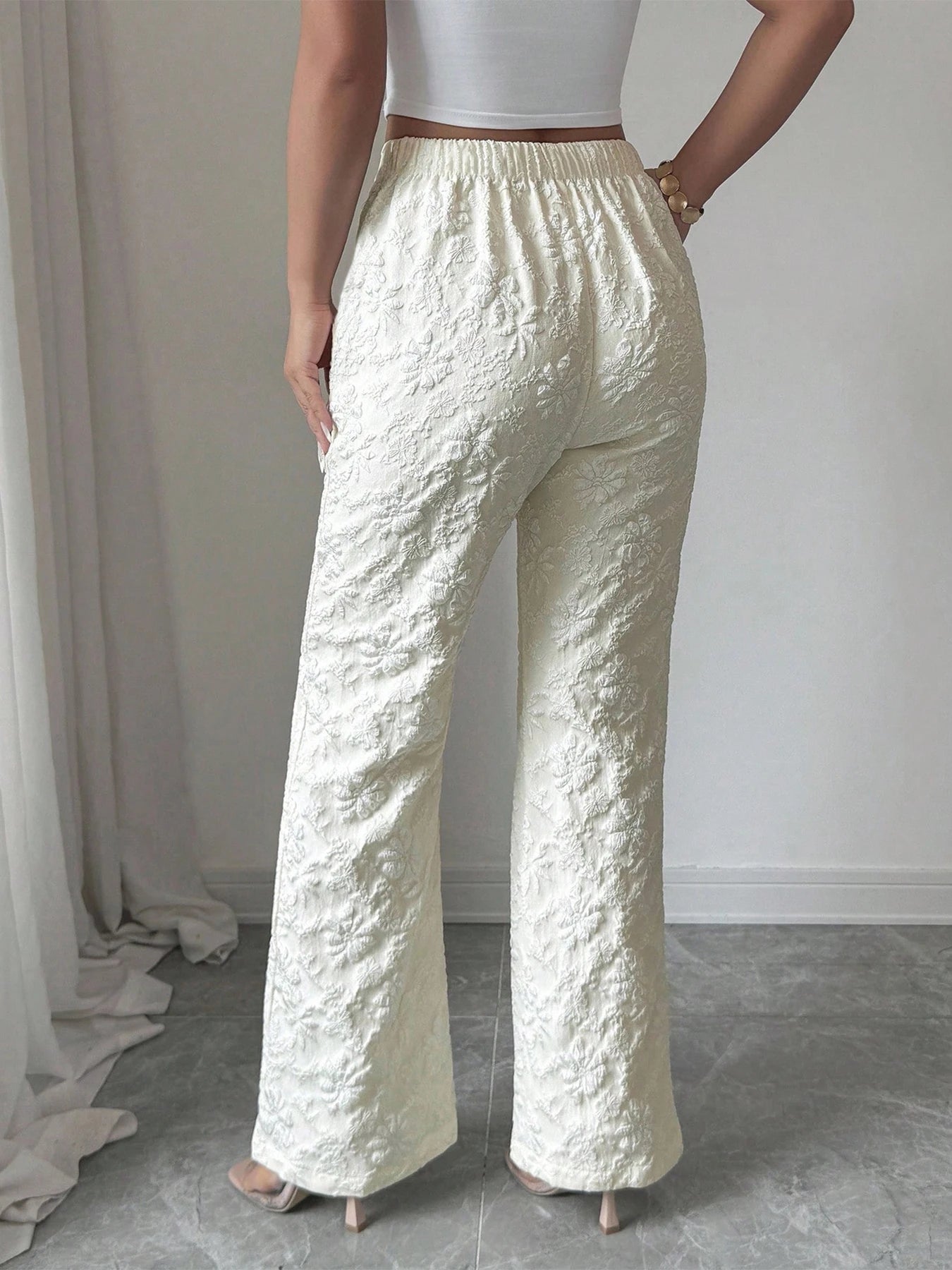 Women's Apricot Wide Leg Pants 3D Floral Embossed High Waist Flared Pants Elegant Casual Spring Summer Vacation Office Trousers