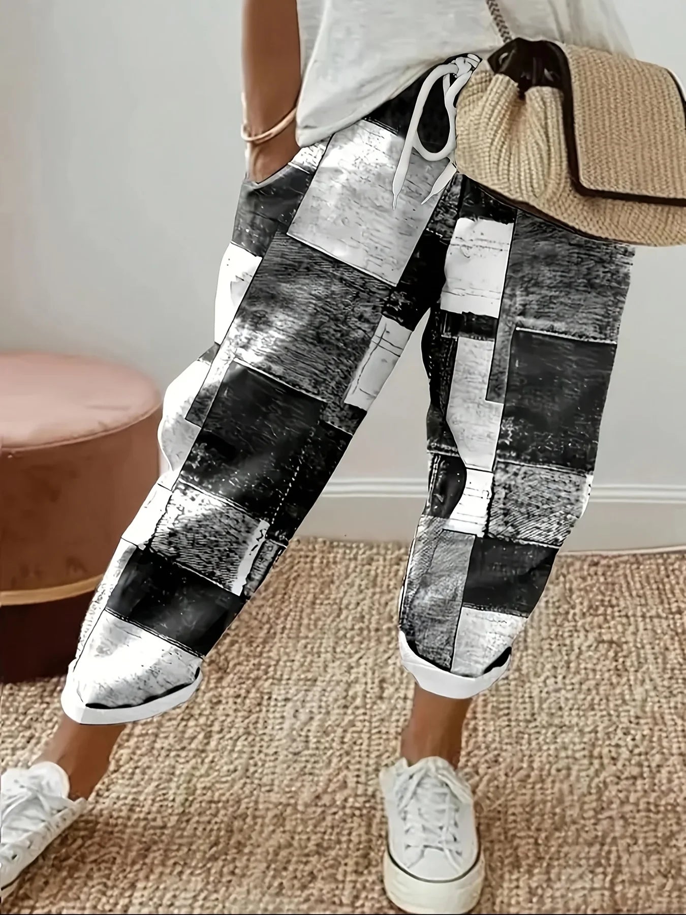 Plus Size 1XL-5XL  Women's Fashion Floral Print Straight Elastic Drawstring Pocket Pants Ladise Casual Versatile Pants