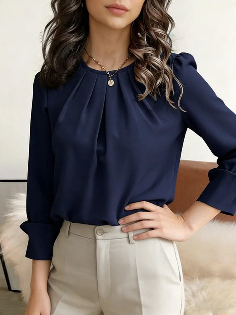 Women's Blouse Round Neck Long Sleeve Tops Solid Pleated Loose Tops Elegant Blouse Spring Summer Casual Blouse Office Light Tops