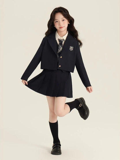 Girls Preppy School Uniform Set 2026 Autumn New Elegant Blazer Shirt Vest Pleated Skirt Outfit for Children