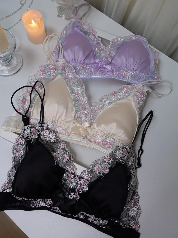 MOYISU Girls French Bra Thin Triangle Cup Purple Embroidery Light Luxury Silk Sexy Pure Desire Lace Underwear Set