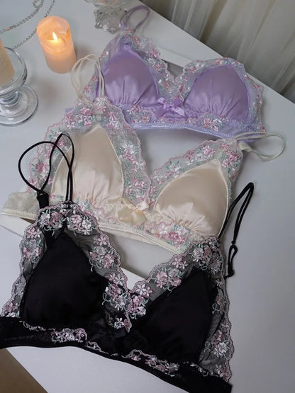 MOYISU Girls French Bra Thin Triangle Cup Purple Embroidery Light Luxury Silk Sexy Pure Desire Lace Underwear Set