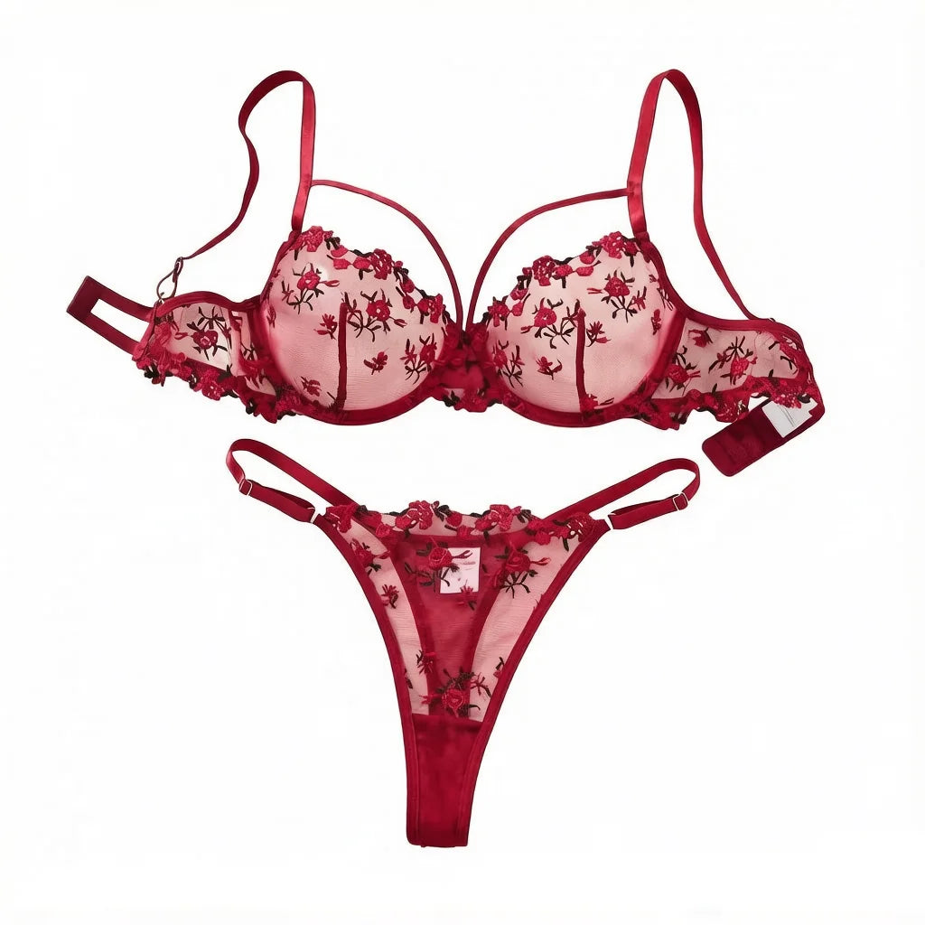 Women WineRed Floral Embroidery Lingerie Set Sheer Mesh Underwire Bra & Adjustable Thong 2‑Piece Intimate Underwear S‑XL