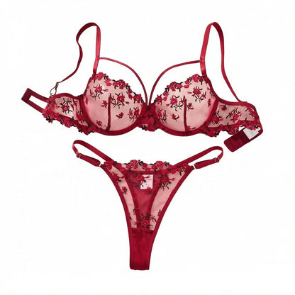 Women WineRed Floral Embroidery Lingerie Set Sheer Mesh Underwire Bra & Adjustable Thong 2‑Piece Intimate Underwear S‑XL