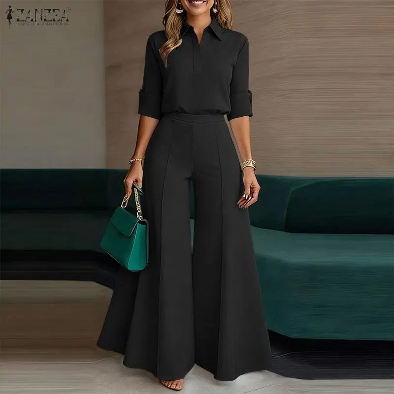 ZANZEA Elegant Woman Pant Suits Half-Button Long Sleeve Shirt & Wide Leg Pant 2 Pieces Sets Women's Casual Office Wear Outfits