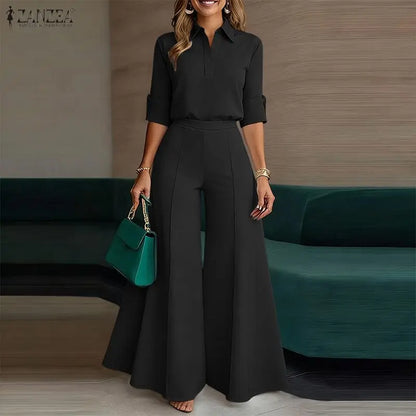 ZANZEA Elegant Woman Pant Suits Half-Button Long Sleeve Shirt & Wide Leg Pant 2 Pieces Sets Women's Casual Office Wear Outfits