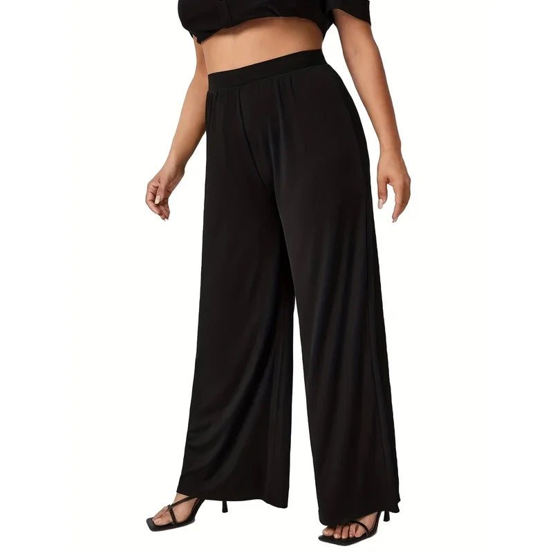2026 Plus Size Women's Elastic Waist Wide Leg Pants With Pockets
