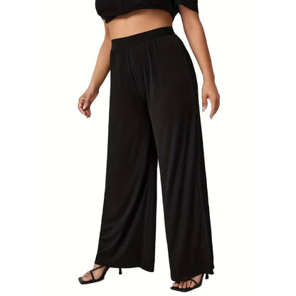 2026 Plus Size Women's Elastic Waist Wide Leg Pants With Pockets