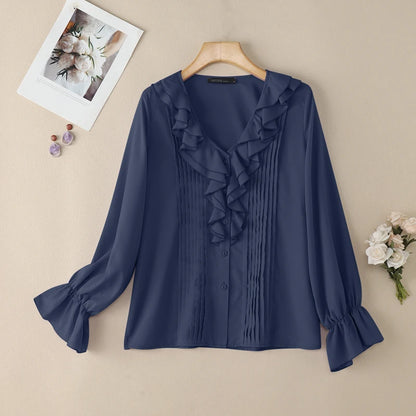 ZANZEA Elegant Ruffles Trim Women's Shirts Classy V-Neck Flared Sleeves Pintuck Detailed Button Up Purple Blouses Woman Clothes