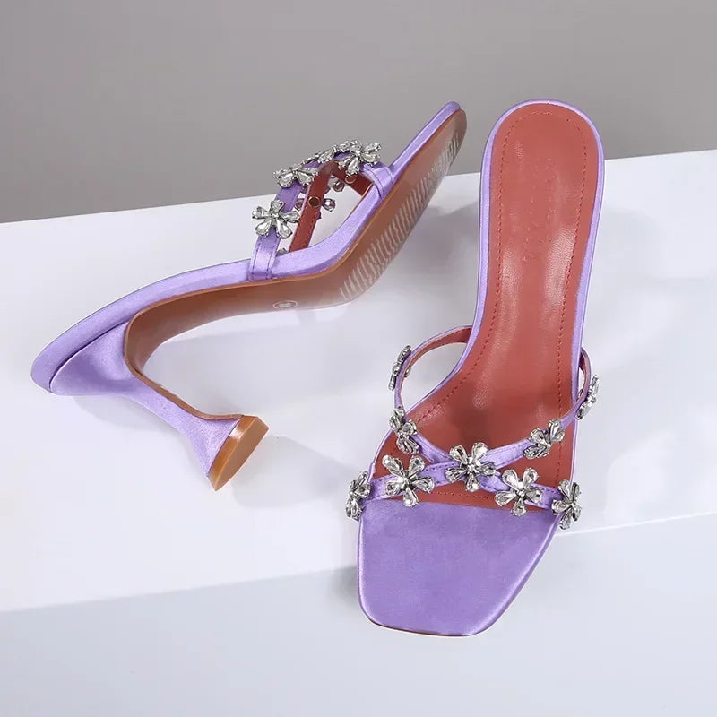 Shiny Crystal Flowers Decorative Women's Sandals 2025 Elegant High Heeled Slide Sandals for Women Cross Strap Summer High Heels