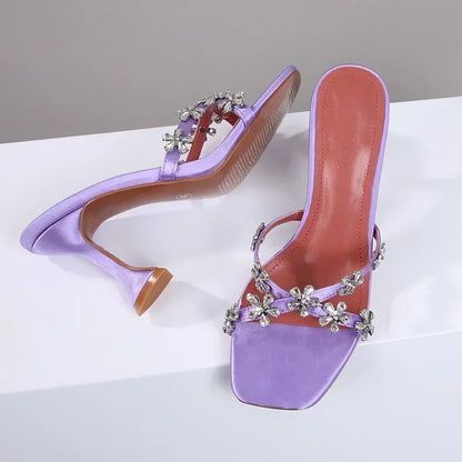 Shiny Crystal Flowers Decorative Women's Sandals 2025 Elegant High Heeled Slide Sandals for Women Cross Strap Summer High Heels