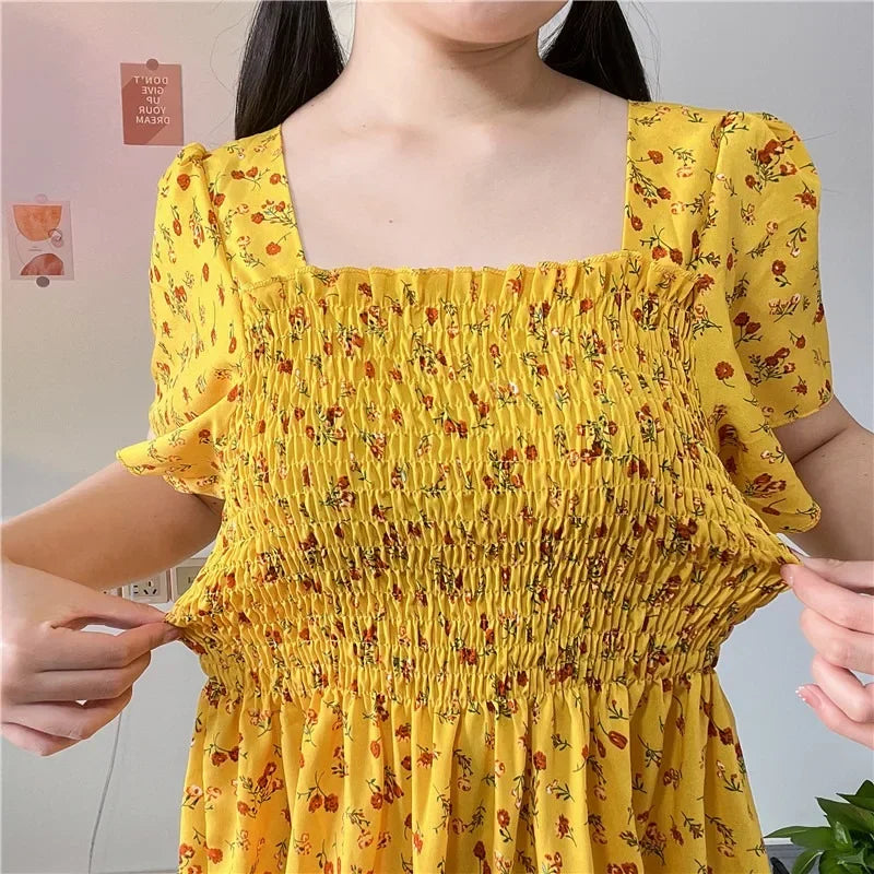 Spring Summer Elastic Waist Short Sleeve Chiffon Dress Women Casual Dresses Female Printed Floral Midi A-Line Dresses Vestidos