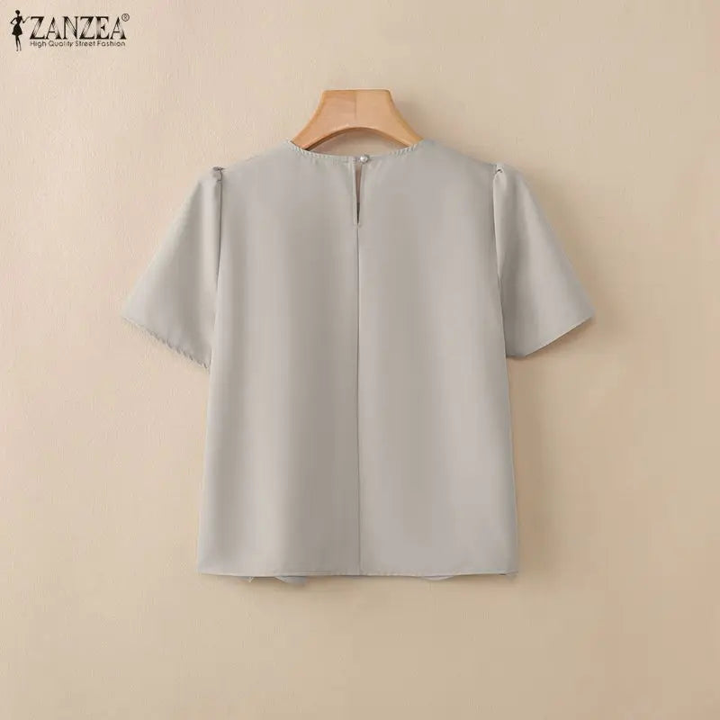 ZANZEA Women Elegant Scalloped Hem Blouses Short Petal Sleeves O-Neck Solid Color Tops Summer Casual Daily Wear Blusas de Mujer
