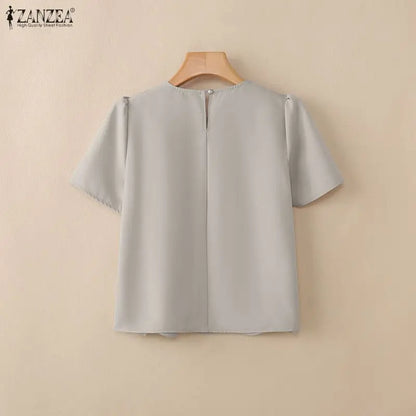 ZANZEA Women Elegant Scalloped Hem Blouses Short Petal Sleeves O-Neck Solid Color Tops Summer Casual Daily Wear Blusas de Mujer