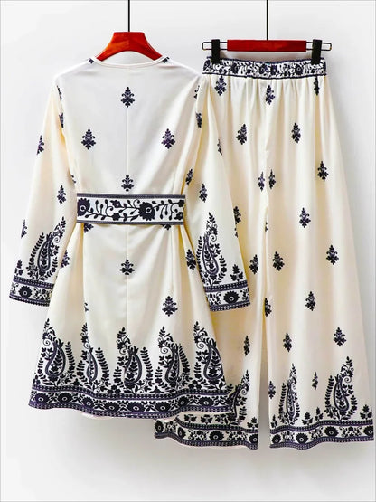 Dubai Muslim 2 Piece Set Women Print Blouse Top with Wide Leg Pants Suit Morocco Musulman Ensemble Casual Femme Arabic Outfits