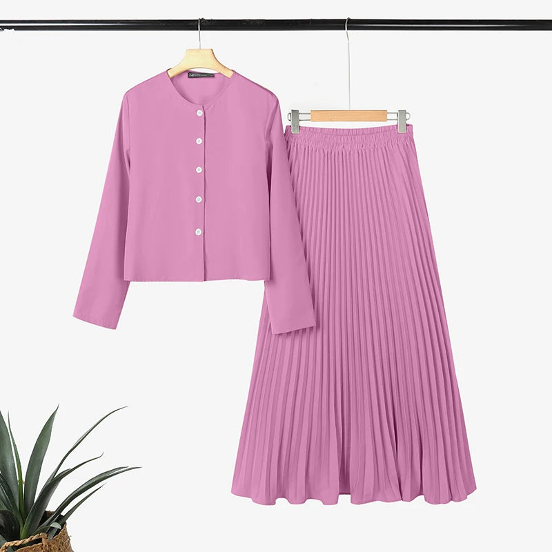 ZANZEA Elegant Muslim Sets Ramadan Outfits Women Autumn Long Sleeve Dress Suit Solid Shirt Long Skirt 2026 Spring Matching Sets