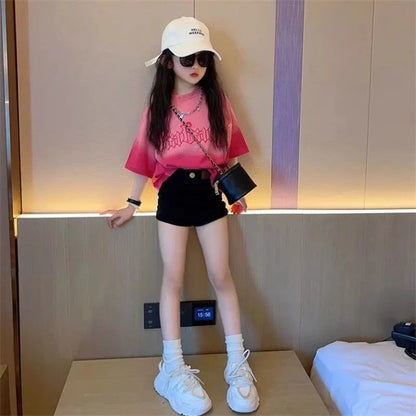 Girls Ice Silk Cooling T-Shirt 2026 Summer Kids Short Sleeve Top Crew Neck Gradient Casual Trendy Tee for Children
