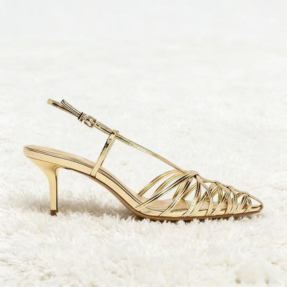 Gold Narrow Strap Hollow Out Design Heeled Sandals Women Sexy Pointed Toe Ankle Strap High Heels Elegant Banquet Wedding Shoes