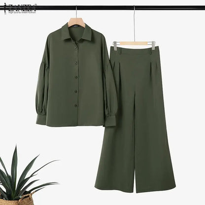 ZANZEA Women's Elegant Chic Pant Suits Lantern Sleeve Shirt & Wide Leg Pant 2 Pieces Sets Oversized Pant Sets Outfits Streetwear