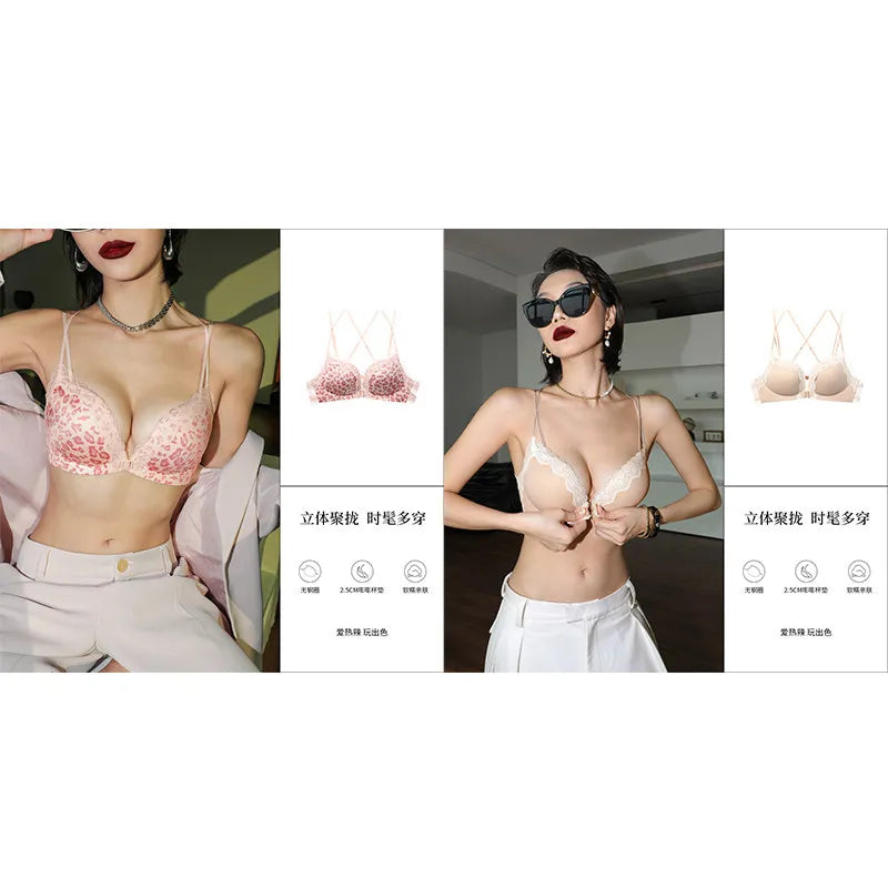 Victoria Style MOYISU Pink Leopard Wireless Bra Set, Front Hook Design, Push Up Bralette, Sexy Back Lingerie To Boost Small Bust
