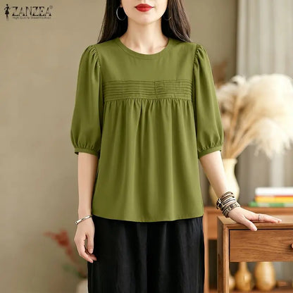 ZANZEA 2026 Summer Casual Pintuck Blouses Woman Round Neck Half Puff Sleeve Solid Color Tops Everyday Wear Comfort Blusas Mujer
