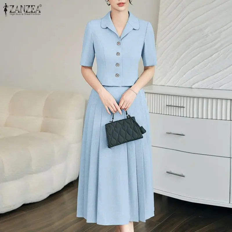 Elegant Women OL Work Dress Sets 2026 ZANZEA Summer Outfits Lapel Short Sleeve Cropped Blouse Pleated Skirt Suit 2 Pieces Sets