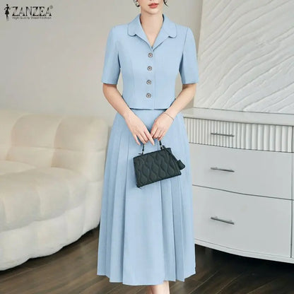 Elegant Women OL Work Dress Sets 2026 ZANZEA Summer Outfits Lapel Short Sleeve Cropped Blouse Pleated Skirt Suit 2 Pieces Sets