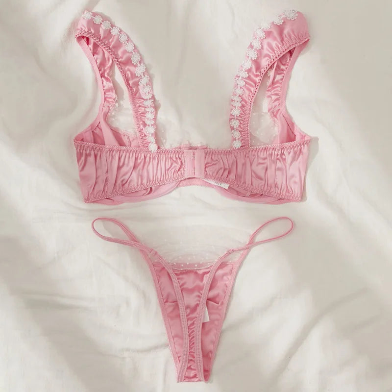 Sweet Pink Satin Lingerie Set Lace Floral Bra Luxury Underwear Bridal Intimate Lingerie Polka Dot Mesh Splicing Sexy Lingerie