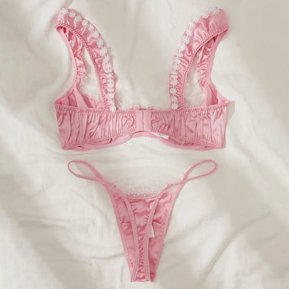 Sweet Pink Satin Lingerie Set Lace Floral Bra Luxury Underwear Bridal Intimate Lingerie Polka Dot Mesh Splicing Sexy Lingerie