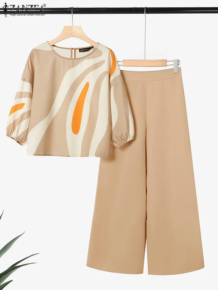 ZANZEA Women's Pant Sets with Abstract Waves Print 3/4 Sleeve Blouse & Wide Leg Pant 2 Pieces Suits Summer Casual 2pcs Outfits